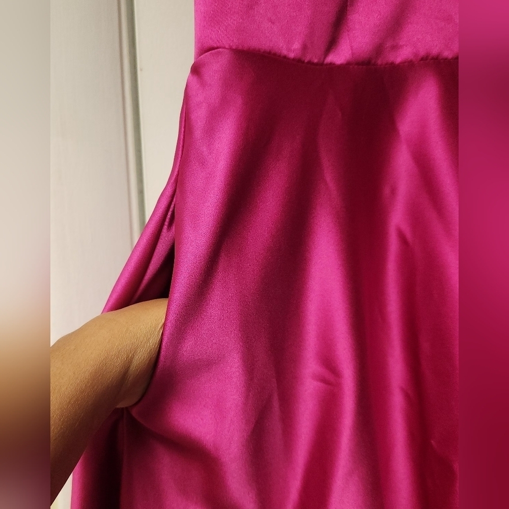 JULES AND CLEO DAVID'S BRIDAL Satin Spaghetti Strap A Line Dress Hot Pink Size 4 - Picture 10 of 15